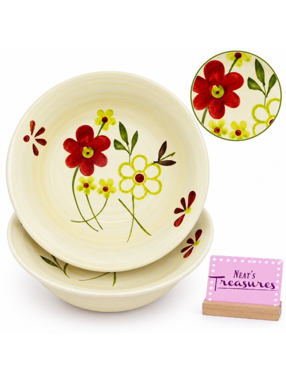 Gibson GID438 Retro 70's Floral Muticolor Ceramic Beige Soup Cereal Bowls Set 2